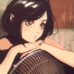  1girl bangs bare_shoulders black_hair bob_cut brown_eyes commentary electric_fan english_commentary hair_strand head_rest highres moshimoshibe original parted_lips portrait solo swept_bangs texture upturned_eyes 