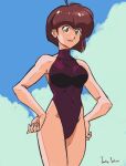  1girl ahoge artist_name bangs bare_shoulders bob_cut brown_eyes brown_hair cloud collarbone commentary cowboy_shot english_commentary hands_on_hips highleg highleg_swimsuit jouky_salieri light_blush light_smile lips looking_ahead ranma_1/2 short_hair swimsuit tendou_nabiki turtleneck 