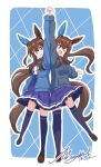  2girls admire_vega's_twin_sister_(umamusume) admire_vega_(umamusume) animal_ears blue_hoodie blue_jacket blush bow bowtie breasts brown_eyes brown_hair commentary_request ear_covers hair_between_eyes highres holding_hands hood hoodie horse_ears horse_girl horse_tail jacket long_hair long_sleeves looking_at_viewer low_ponytail matty_(matsutomo) multiple_girls one_eye_closed open_clothes open_jacket open_mouth ponytail purple_sailor_collar purple_serafuku purple_shirt purple_skirt purple_thighhighs sailor_collar sailor_shirt school_uniform serafuku shirt siblings single_ear_cover skirt smile tail thighhighs tracen_school_uniform umamusume umamusume:_road_to_the_top white_bow white_bowtie 