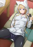  1girl black_choker black_legwear blue_eyes choker couch eating hand_in_pocket highres hood hoodie indoors kemono_jihen kon_(kemono_jihen) long_hair looking_at_viewer low_twintails lying on_back oshiza pantyhose pillow pizza_slice short_shorts shorts solo spread_legs twintails zipper 