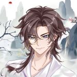  >:) 1boy bare_tree brown_hair chinese_clothes chinese_commentary closed_mouth collarbone commentary_request curtained_hair gongzi_xiyu hair_between_eyes hanfu highres hua_yi_shanxin_zhiyue karst lips long_hair looking_ahead male_focus monocle mountain portrait purple_eyes robe smile solo sun tree v-shaped_eyebrows wen_siyu white_hanfu white_robe wolf_cut 