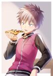  1boy :o black_eyes eating food grey_hair highres holding holding_food hoshiko_(419401x) jacket kemono_jihen leaning_on_rail long_sleeves male_focus pizza_slice purple_jacket short_hair simple_background spider_web_print tademaru_shiki upper_body zipper 