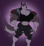  2021 anthro canid canid_demon canine canis clothing demon eye_scar facial_scar fur hellhound helluva_boss hi_res male mammal moobs muscular muscular_anthro muscular_male ratchetjak scar signature torn_clothing vortex_(vivzmind) wolf 