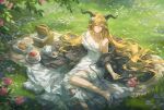  1girl animal_ears arknights asymmetrical_sidelocks bare_shoulders basket blanket blonde_hair blurry blurry_foreground bracelet bread breasts cake cleavage commentary cup dappled_sunlight day degenbrecher_(arknights) dress english_commentary flower food goat_ears goat_girl goat_horns grass hair_flower hair_ornament helen_zzhao high_heels highres horns jewelry long_hair looking_at_viewer on_blanket on_floor open_mouth outdoors pearl_bracelet picnic picnic_basket picnic_blanket pink_flower sidelocks sitting smile solo sunlight teacup teapot white_dress white_flower yellow_eyes 