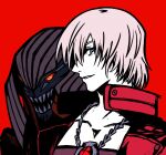  1boy alternate_form blue_eyes coat collarbone dante_(devil_may_cry) demon demon_boy devil_may_cry_(series) devil_may_cry_3 devil_trigger gem highres iluvmyhamster69 jewelry lapels looking_to_the_side male_focus necklace parted_lips profile red_background red_coat red_gemstone simple_background smile white_hair 