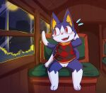3_toes animal_crossing anthro blue_body blue_fur blush blush_lines bottomless casual_exposure clothed clothing crossgender dipstick_tail domestic_cat feet felid feline felis female fur genitals hand_behind_head hi_res inside_train male_(lore) mammal markings night nintendo nulloffset open_mouth open_smile paws pointy_ears public_transportation red_eyes rover_(animal_crossing) seat shy sitting smile solo sweater sweater_vest sweater_vest_only tail tail_markings toes topwear train vehicle vest vulva white_body white_fur window