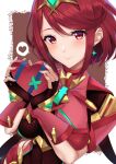  1girl breasts candy chocolate chocolate_heart earrings fingerless_gloves food gloves heart highres jewelry large_breasts pyra_(xenoblade) red_eyes short_hair solo valentine xenoblade_chronicles_(series) xenoblade_chronicles_2 yuuki_shin 