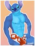  2021 3:4 5_fingers abs alien anthro anthrofied biped black_eyes blue_body blue_claws blue_fur blue_nipples blue_nose border chest_tuft claws clothing disney experiment_(lilo_and_stitch) eyebrows fingers fur garyotake gradient_background half-closed_eyes hand_on_hip head_tuft humanoid_hands lilo_and_stitch looking_at_viewer male muscular muscular_anthro muscular_male narrowed_eyes navel nipples outline pecs raised_eyebrow red_clothing red_underwear signature simple_background smile smirk solo stitch_(lilo_and_stitch) tenting tuft underwear white_border 