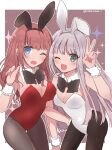  2girls absurdres animal_ears atelier_(series) atelier_rorona atelier_totori breasts cleavage detached_collar fake_animal_ears haruna_(citrus_love_i) highres leotard long_hair looking_at_viewer multiple_girls open_mouth pantyhose playboy_bunny rabbit_ears rororina_fryxell smile strapless strapless_leotard totooria_helmold wrist_cuffs 