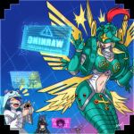  angel angel_wings armor artificial_wings bat_tattoo beelstarmon blonde_hair breasts cleavage clothing_cutout commentary covered_eyes dclaret digimoji digimon digimon_(creature) eyeshadow golden_wings green_armor green_helmet helmet helmet_over_eyes holy_ring large_breasts lilithmon long_hair lopmon magnamon makeup multiple_girls multiple_wings navel ofanimon omegamon purple_eyeshadow sistermon_ciel smile stomach_cutout symbol-only_commentary tattoo winged_helmet wings 