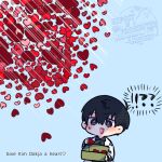  !? 1boy :d black_eyes black_hair black_shirt box coat collared_shirt commentary double-parted_bangs english_commentary english_text full_body hair_between_eyes heart highres holding holding_box kim_dokja kimidori_22 like_and_retweet male_focus omniscient_reader's_viewpoint open_clothes open_coat partially_shaded_face popped_collar shirt short_hair smile solo standing sweatdrop too_many too_many_hearts white_coat 