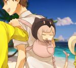  2boys 2girls amaiha animal_ears animal_hood backpack bag bangs beach blurry blurry_background brown_hair cat_hood chibi chibi_inset closed_eyes commentary_request danganronpa_(series) danganronpa_2:_goodbye_despair day depth_of_field fake_animal_ears hand_on_another&#039;s_shoulder hinata_hajime hood hood_up hooded_jacket jacket leg_up multiple_boys multiple_girls nanami_chiaki open_mouth out_of_frame pink_bag profile saionji_hiyoko shirt short_hair sideways_mouth sleeping smile solo_focus souda_kazuichi 