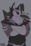  2021 anthro canid canid_demon canine canis clothing demon eye_scar facial_scar fur hellhound helluva_boss hi_res male mammal muscular muscular_anthro muscular_male scar seandemon signature torn_clothing unamused vortex_(vivzmind) wolf 