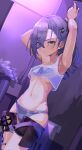 1girl absurdres armpits badge breasts drill_hair drill_ponytail excella_(delltothu) fur-trimmed_jacket fur_trim grey_eyes grey_hair hair_ornament hairclip highres honkai:_star_rail honkai_(series) jacket long_hair looking_at_viewer navel panties partially_undressed purple_panties shirt short_shorts shorts silver_wolf_(honkai:_star_rail) single-shoulder_shirt single_drill small_breasts sweat tying_hair underboob underwear 