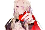  1girl blush box box_of_chocolates candy cape chocolate cravat edelgard_von_hresvelg fire_emblem fire_emblem:_three_houses food garreg_mach_monastery_uniform gift gift_box happy_valentine heart heart-shaped_box highres holding holding_gift incoming_gift long_hair looking_at_viewer purple_eyes red_cape ribbon solo valentine vo1ez 