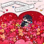  1boy black_eyes black_hair black_shirt box coat collared_shirt commentary curled_up double-parted_bangs english_commentary english_text full_body hair_between_eyes heart highres in_box in_container kim_dokja kimidori_22 like_and_retweet male_focus omniscient_reader's_viewpoint open_clothes open_coat popped_collar shirt short_hair solo standing too_many too_many_hearts white_coat 