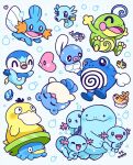  artist_name black_eyes blue_background blue_eyes blush bright_pupils bubble closed_eyes commentary evolution_stone happy heart highres horsea king's_rock lotad luvdisc mamobot mudkip no_humans open_mouth piplup pokemon pokemon_(creature) politoed poliwag poliwhirl psyduck quagsire spheal symbol-only_commentary tatsugiri tatsugiri_(curly) water_stone white_pupils wishiwashi wishiwashi_(solo) wooper 