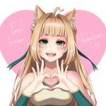  1girl ahoge animal_ears blonde_hair braid cat_ears elbow_sleeve green_eyes heart heart_hands highres long_hair looking_at_viewer open_mouth original ribbon rinko_riban self_upload sleeveless smile twin_braids upper_body valentine 