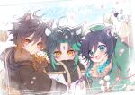  3boys ahoge animal_ears arm_up bangs black_gloves black_hair blue_hair blush braid brown_hair cat_ears child closed_mouth covered_mouth dragon english_text ero_pinku eyebrows_visible_through_hair facial_mark feathers flower forehead_mark fur-trimmed_hood fur-trimmed_sleeves fur_trim genshin_impact gloves gradient_hair green_eyes green_hair green_headwear hair_between_eyes hat hood hood_down hooded_jacket horns jacket leaf long_hair long_sleeves looking_at_viewer male_focus multicolored_hair multiple_boys open_mouth parted_bangs petals pinwheel ponytail rex_lapis_(genshin_impact) scarf simple_background slit_pupils smile tassel twin_braids venti_(genshin_impact) white_flower xiao_(genshin_impact) yellow_eyes younger zhongli_(genshin_impact) 