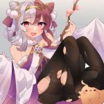  1girl azur_lane bare_shoulders black_legwear blush branch chao_ho_(azur_lane) chao_ho_(blossoming_grace)_(azur_lane) full_body fur-trimmed_sleeves fur_trim hair_ornament heart heart-shaped_pupils highres manjuu_(azur_lane) medium_hair multicolored_hair official_alternate_costume open_mouth pantyhose red_eyes red_hair simple_background soles solo stepped_on symbol-shaped_pupils takumi_mizuki thighband_pantyhose toes torn_clothes torn_legwear two-tone_hair white_hair wide_sleeves 