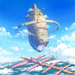  1other ambiguous_gender blue_sky cloud commentary_request day fantasy floating_island flying highres horizon katou_oswaldo ocean original outdoors scenery sky very_wide_shot 