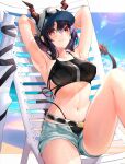  1girl arknights armpits arms_behind_head arms_up bare_arms bare_shoulders baseball_cap beach_chair bikini black_bikini blue_hair blue_sky breasts ch&#039;en_(arknights) commentary_request day dragon_horns female_tourist_c_(arknights) grey_shorts hat highres horns horns_through_headwear knee_up large_breasts looking_at_viewer navel open_fly red_eyes short_hair short_shorts shorts sky solo spica_(spica_1510) stomach swimsuit thighs white_headwear 