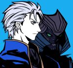  1boy alternate_form blue_background blue_eyes blue_jacket closed_mouth demon demon_boy devil_may_cry_(series) devil_may_cry_3 devil_trigger frown grey_hair hair_slicked_back highres iluvmyhamster69 jacket male_focus profile simple_background vergil_(devil_may_cry) yellow_trim 