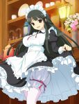  1girl :d alternate_costume apron black_dress black_hair bloomers blunt_bangs bottle breasts cafe cup curtsey dress english_text enmaided flower frilled_apron frills hime_cut jar lantern large_breasts long_hair looking_at_viewer maid maid_apron maid_headdress official_alternate_costume official_art open_mouth pink_flower plate puffy_sleeves red_eyes senran_kagura senran_kagura_new_wave shelf smile solo teacup teapot tsubaki_(senran_kagura) waist_apron white_apron white_bloomers white_flower 