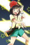  1girl :d bag belt black_belt black_hair bracelet commentary_request eyelashes floral_print_shirt green_shorts grey_eyes handbag hat jewelry medium_hair open_mouth pokemon pokemon_sm red_hat selene_(pokemon) shirt short_sleeves shorts smile solo star_(symbol) teeth upper_teeth_only yellow_shirt yuzuchiri z-move_trainer_pose z-ring 