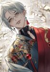  1boy artist_name black_shirt blue_hanfu blurry chinese_clothes chinese_text commentary_request ear_piercing earrings fangs floral_print gem glasses grey_eyes grey_hair half-closed_eyes hanfu happy_new_year head_tilt highres jewelry layered_clothes looking_at_viewer male_focus mandarin_collar manomenou new_year open_mouth original parted_bangs parted_lips piercing red_gemstone red_hanfu round_eyewear shirt short_hair smile solo tassel tassel_earrings teeth upper_body 