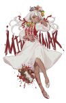  1girl :d bangs blood bloody_hands blunt_bangs commentary_request danganronpa_(series) danganronpa_v3:_killing_harmony dark_skin dress flower full_body grey_hair hair_flower hair_ornament hair_ribbon head_wreath highres long_hair long_sleeves looking_at_viewer open_mouth red_nails red_ribbon ribbon simple_background sirin_(sirin_8_8) smile solo upper_teeth white_background white_dress yonaga_angie 