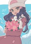  1girl :d beanie black_hair blue_sky border bouquet cloud coat commentary_request crossed_arms dawn_(pokemon) gracidea grey_eyes hair_ornament hairclip hat holding holding_bouquet long_hair looking_at_viewer mokorei open_mouth pink_coat pokemon pokemon_dppt pokemon_platinum scarf simple_background sky smile solo standing upper_body white_border white_hat white_scarf 