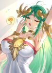  1girl ? ancient_greek_clothes arm_up armlet armpits bare_shoulders blush breasts chain chiton circlet cleavage commentary_request dress forehead_jewel gold_chain greco-roman_clothes green_eyes green_hair hand_up highres jewelry kid_icarus kid_icarus_uprising large_breasts long_hair messy_hair neck_ring one_eye_closed open_clothes open_mouth palutena pendant solo spoken_question_mark squeans tiara upper_body vambraces very_long_hair yasaikakiage yawning 