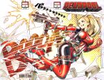 1girl aqua_eyes backpack bag barcode belt black_bodysuit blonde_hair bodysuit breasts bullet character_name commission copyright_logo cover_sketch deadpool_(series) explosive fer_yoshimiya floating_hair grenade grenade_pin grin gun hair_pulled_back hashtag-only_commentary hello_kitty hello_kitty_(character) highres holding holding_grenade holding_gun holding_weapon lady_deadpool large_breasts logo marvel multicolored_bodysuit no_mask ponytail red_bodysuit sanrio smile solo sound_effects submachine_gun sword sword_on_back traditional_media two-tone_bodysuit utility_belt weapon weapon_on_back 