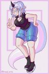  absurd_res animal_humanoid breadart_(artist) breasts cleavage_cutout clothed clothing cute_expression dragon dragon_humanoid female hair hi_res horn humanoid ira peace_signs simple_background smiling_at_viewer thick_thighs white_hair 