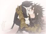 1boy animal black_hair black_jacket cait_sith_(final_fantasy) cat clawed_gauntlets commentary_request final_fantasy final_fantasy_vii final_fantasy_vii_rebirth final_fantasy_vii_remake from_side gauntlets gloves highres holding holding_animal jacket long_hair looking_at_another male_focus messy_hair msa_mne profile red_eyes single_gauntlet single_glove spiked_hair upper_body vincent_valentine white_gloves 