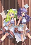  2girls animal_ears armor backpack bag bangs blue_eyes blue_hair blue_shirt blush breastplate brown_background brown_footwear brown_gloves commentary_request cover cover_page doujin_cover eyebrows_visible_through_hair feathered_wings feet_out_of_frame gloves green_hair head_wings holding_hands long_hair looking_at_viewer multiple_girls okishiji_en open_mouth purple_eyes ragnarok_online shirt shorts sidelocks sleeveless sleeveless_shirt stamp super_novice_(ragnarok_online) white_shorts white_wings wings 