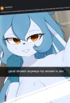  2021 amber_eyes anthro awintermoose bathroom bedroom_eyes big_breasts blue_body blue_fur blue_hair blue_skin breasts censored_breasts convenient_censorship curious_cat digital_media_(artwork) eeveelution female fur glaceon gloves_(marking) hair hair_between_eyes hi_res long_ears long_hair looking_at_viewer markings narrowed_eyes nintendo pok&eacute;mon pok&eacute;mon_(species) seductive selfie shower smile snapchat snowcone_(awintermoose) solo teeth text tile_wall video_games wet wet_body wet_fur 