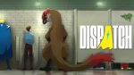 16:9 bathroom bottomwear bottomwear_down brown_body brown_feathers cape claws clothed clothing dilophosaurid dilophosaurus dinosaur dispatch draw_over feathered_dinosaur feathered_scalie feathers feral grey_body grey_scales group head_crest hi_res human looking_at_another male mammal nude pants pants_down partially_clothed peeing prehistoric_species public public_restroom puco433763 pupils red_body red_feathers reptile restroom_stall robert_(dispatch) saurischian scales scalie sharp_teeth signature size_difference slit_pupils smile superhero superhero_costume tail tail_feathers teeth theropod tongue tongue_out urinal urinal_peeking widescreen