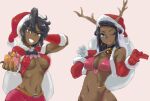  2girls alternate_costume aqua_gemstone bead_necklace beads bell bikini black_hair blue_eyes blue_eyeshadow blue_hair breasts christmas commentary_request crop_top dark-skinned_female dark_skin diamond_(gemstone) diamond_earrings earrings elbow_gloves eyeshadow fake_horns fur-trimmed_gloves fur_trim gem gloves hair_bun hat highres hoop_earrings horns jewelry jingle_bell long_hair makeup multicolored_hair multiple_girls navel necklace nessa_(pokemon) olivia_(pokemon) pink_gemstone pink_lips pokemon pokemon_sm pokemon_swsh red_bikini red_gloves red_skirt santa_costume santa_hat senpaku short_hair single_hair_bun skirt swimsuit two-tone_hair 