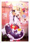  1girl ahoge bangs black_skirt blonde_hair bow chair chocolate closed_eyes commentary cowboy_shot dress_bow facing_viewer fang floating_heart food frilled_skirt frills hair_bow hair_ornament hairclip headdress heart heart_hands holding holding_chocolate holding_food indoors kagamine_rin leaning_forward neck_ribbon open_mouth pleated_skirt poster_(object) red_ribbon ribbon sawashi_(ur-sawasi) shirt short_hair short_sleeves skin_fang skirt smile solo swept_bangs translated valentine vocaloid white_shirt window wrist_cuffs 