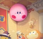  :i black_hat blue_eyes blush_stickers brick_wall broom_hatter closed_mouth commentary_request duster food food_on_face hat holding holding_duster indoors kirby kirby_(series) no_humans one-eyed star_(symbol) suyasuyabi twitter_username waddle_dee waddle_doo wide-eyed witch_hat 