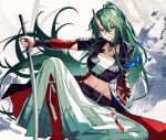  1girl arknights belt blue_fire breasts chest_sarashi chinese_commentary cleavage closed_mouth commentary_request feet_out_of_frame fire green_hair hair_between_eyes hakama hakama_pants high_ponytail highres holding holding_sword holding_weapon horns hoshiguma_(arknights) hoshiguma_the_breacher_(arknights) jacket japanese_clothes katana knee_up long_hair looking_at_viewer midriff nail_polish navel pants ponytail sarashi single_horn sitting skin-covered_horns smile solo sword very_long_hair weapon white_hakama wushui_zhan_nao_geng yellow_eyes zoom_layer 