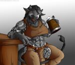  2018 3_fingers abs anthro arm_support beverage biceps black_body black_fur black_hair blizzard_entertainment bovid bovine braided_hair breasts chaps clothed clothing ebon_thundermoon female fingers fur furniture hair holding_beverage holding_object licking licking_lips looking_at_viewer mammal markings muscular muscular_anthro muscular_female open_mouth planktonheretic quads red_eyes sitting solo stool tankard tauren teeth thick_thighs tongue tongue_out tribal_markings triceps under_boob video_games warcraft white_markings 
