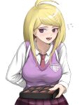  1girl :d absurdres ahoge akamatsu_kaede arm_behind_back bangs blonde_hair blush box breasts chocolate collarbone collared_shirt commentary cowboy_shot crazy_eyes danganronpa_(series) danganronpa_v3:_killing_harmony flying_sweatdrops hair_ornament highres holding large_breasts long_hair long_sleeves looking_at_viewer mint_cat_(a_huu) musical_note musical_note_hair_ornament necktie open_mouth pink_vest pleated_skirt purple_eyes purple_skirt school_uniform shiny shiny_hair shirt simple_background skirt smile solo sweater_vest swept_bangs upper_body upper_teeth valentine vest white_background white_shirt 