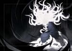  1girl 1other absurdres arthropod_boy artist_name black_eyes blank_eyes cloak colored_skin face-to-face full_body grey_cloak highres hollow_knight horned_mask horns knight_(hollow_knight) looking_at_another looking_down looking_up mask rukan standing wavy_hair white_lady_(hollow_knight) white_mask white_skin 