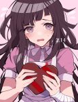  1girl absurdres apron bandaged_arm bandages bangs blunt_bangs blush collared_shirt commentary_request danganronpa_(series) danganronpa_2:_goodbye_despair dated eyebrows_visible_through_hair flying_sweatdrops hands_up heart highres holding long_hair looking_at_viewer mole mole_under_eye nekoma_hikaru open_mouth pink_background puffy_short_sleeves puffy_sleeves purple_hair shirt short_sleeves simple_background solo tsumiki_mikan upper_body valentine white_apron 