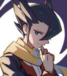  1boy bangs black_hair closed_mouth coin commentary elite_four floating_scarf grimsley_(pokemon) hair_between_eyes holding holding_coin jacket long_sleeves male_focus pokemon pokemon_(game) pokemon_bw scarf smile solo tpi_ri yellow_scarf 