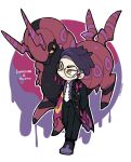  1boy antennae black-framed_eyewear black_hair black_jacket black_pants bug centipede closed_mouth collared_shirt colored_sclera commentary_request corbeau_(pokemon) eyewear_strap glasses hands_in_pockets highres horns jacket kokodari long_sleeves necktie open_clothes open_jacket pants parted_hair pokemon pokemon_(creature) pokemon_legends:_z-a purple_hair purple_shirt round_eyewear scolipede shirt short_hair short_sideburns undercut white_necktie yellow_eyes yellow_sclera 