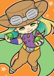  1boy ball beard belt belt_buckle blonde_hair blue_bridal_gauntlets bridal_gauntlets brown_hat brown_pants buckle caesar_anthonio_zeppeli's_pose cape chibi commentary cowboy_hat crossed_arms facial_hair goggles goggles_on_headwear green_cape green_eyes gyro_zeppeli hat highres holding holding_ball jojo_no_kimyou_na_bouken jojo_pose long_hair m_a_a_m_8 male_focus orange_background orange_sleeves pants purple_sleeves solo spurs star_(symbol) steel_ball_(jojo) steel_ball_run symbol-only_commentary two-tone_sleeves yellow_belt 